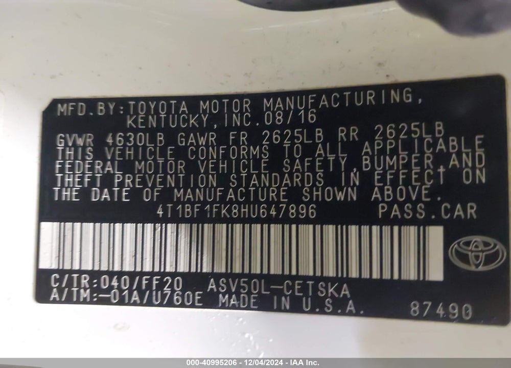 2017 TOYOTA CAMRY SE VIN: 4T1BF1FK8HU647896