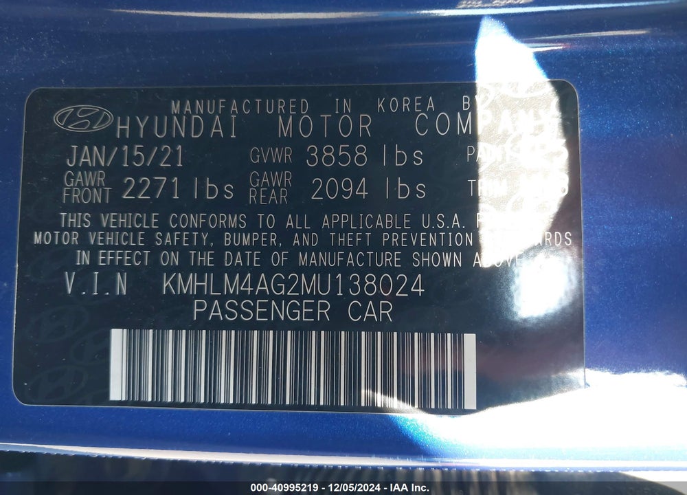 2021 HYUNDAI ELANTRA VIN: KMHLM4AG2MU138024
