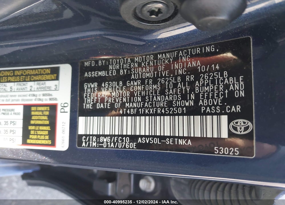 2015 TOYOTA CAMRY LE VIN: 4T4BF1FKXFR452501