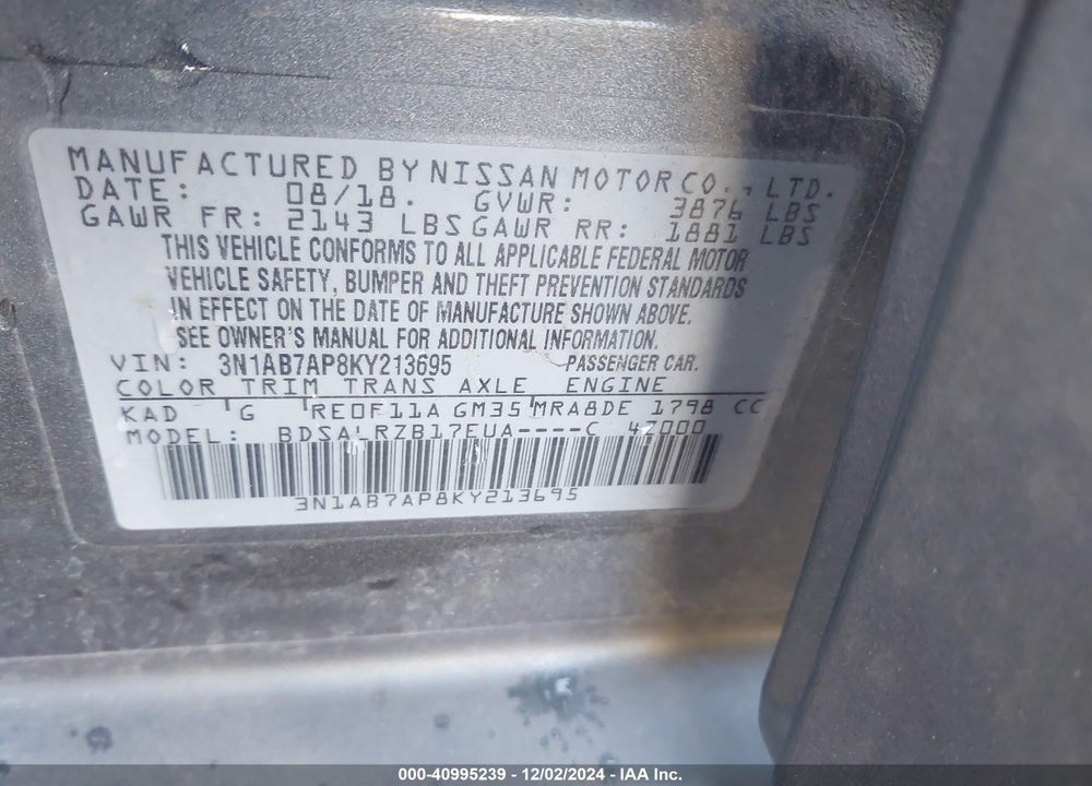 2019 NISSAN SENTRA VIN: 3N1AB7AP8KY213695