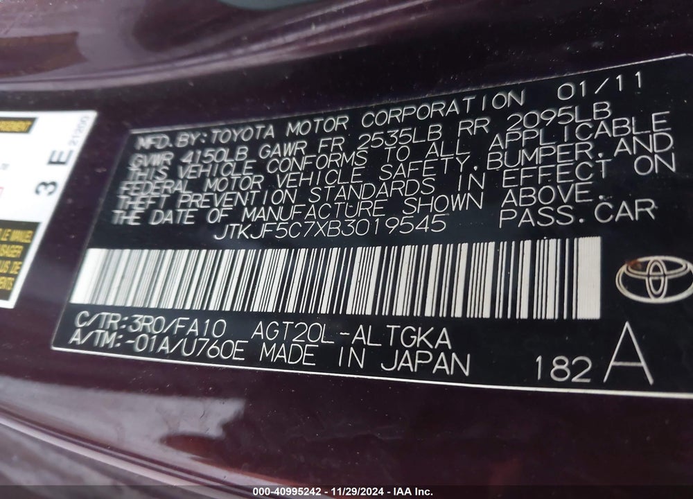 2011 SCION TC VIN: JTKJF5C7XB3019545