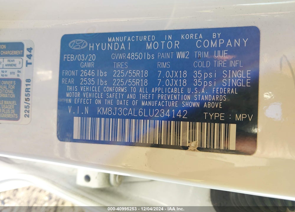 2020 HYUNDAI TUCSON LIMITED VIN: KM8J3CAL6LU234142