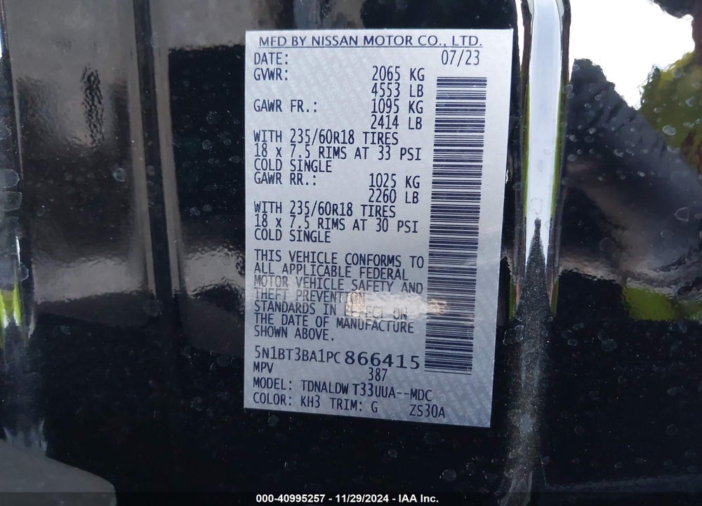 2023 NISSAN ROGUE SV FWD VIN: 5N1BT3BA1PC866415