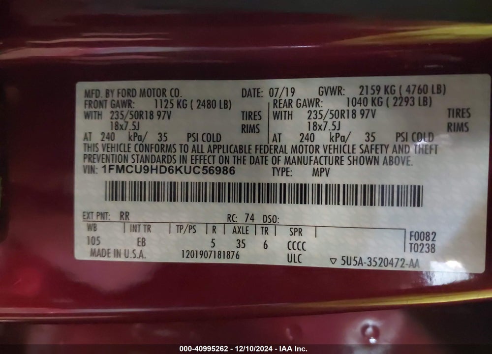 2019 FORD ESCAPE SEL VIN: 1FMCU9HD6KUC56986