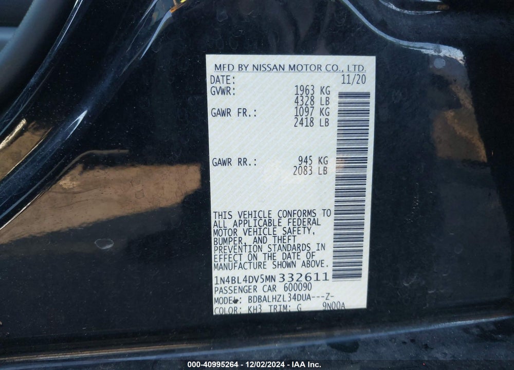 2021 NISSAN ALTIMA SV FWD VIN: 1N4BL4DV5MN332611