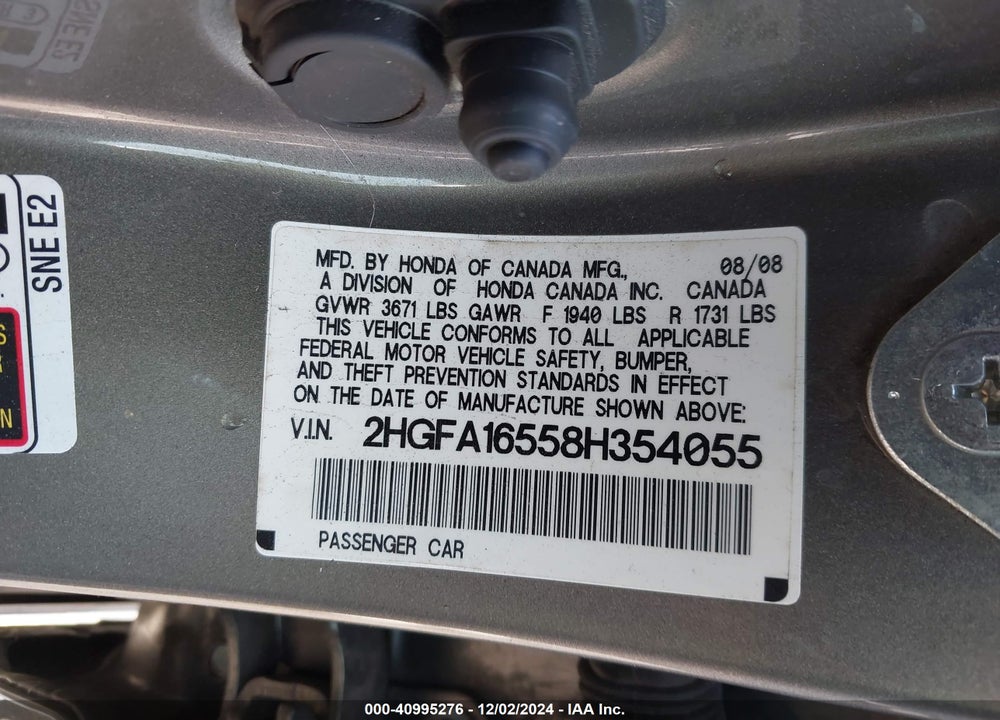 2008 HONDA CIVIC LX VIN: 2HGFA16558H354055