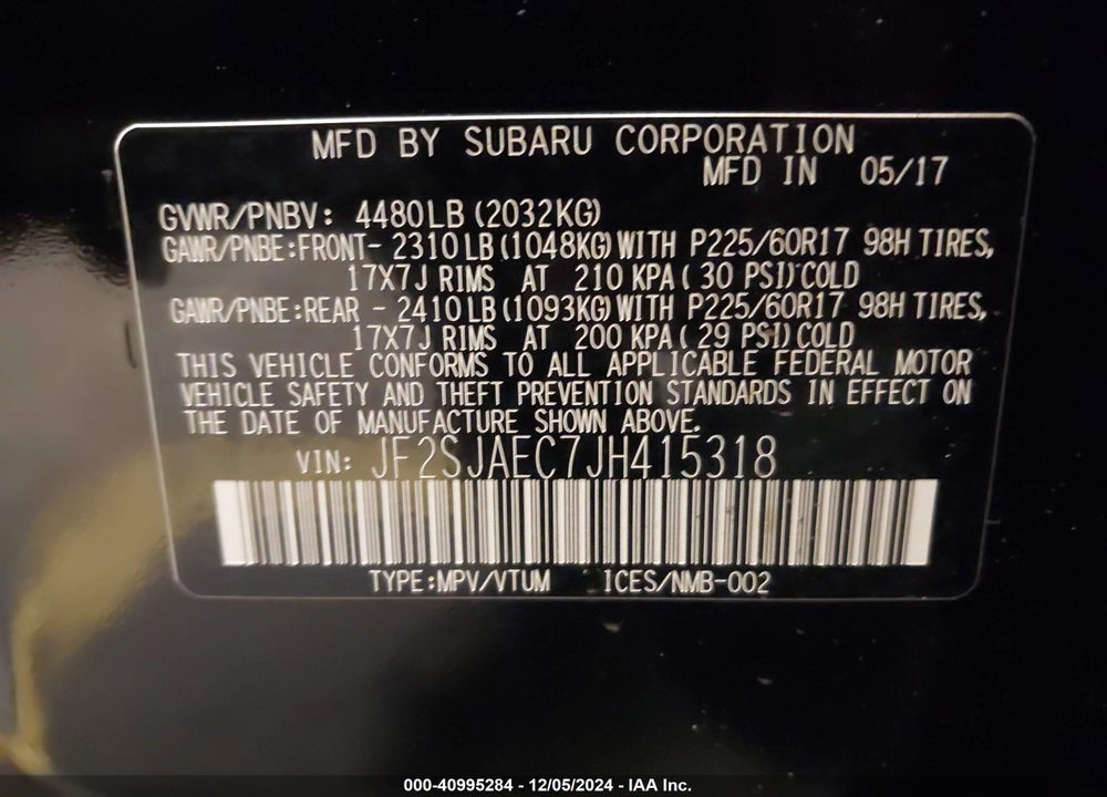 2018 SUBARU FORESTER 2.5I PREMIUM VIN: JF2SJAEC7JH415318
