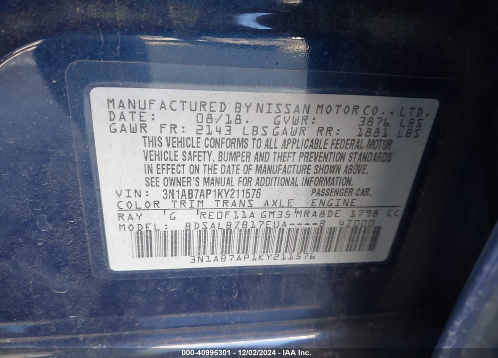 2019 NISSAN SENTRA VIN: 3N1AB7AP1KY211576
