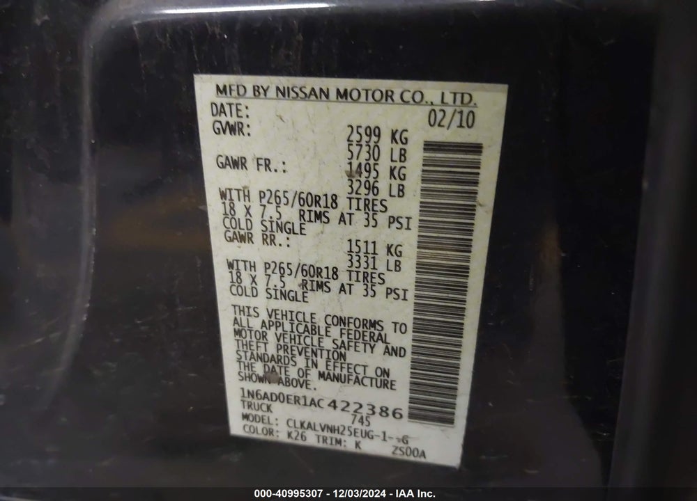 2010 NISSAN FRONTIER LE VIN: 1N6AD0ER1AC422386