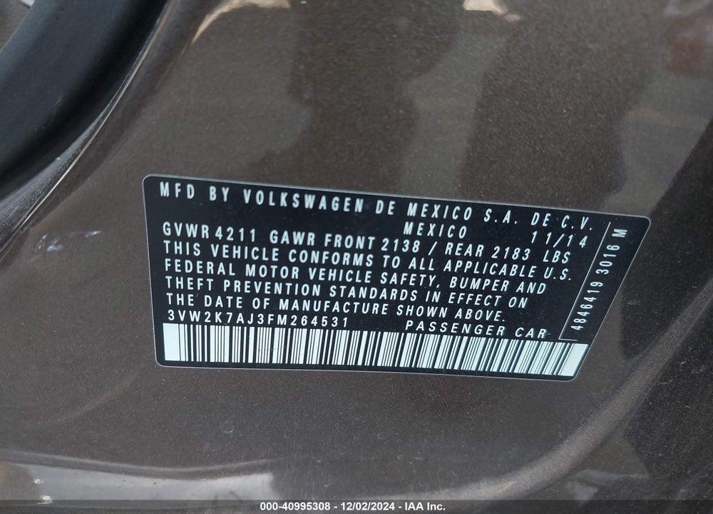2015 VOLKSWAGEN JETTA 2.0L S VIN: 3VW2K7AJ3FM264531