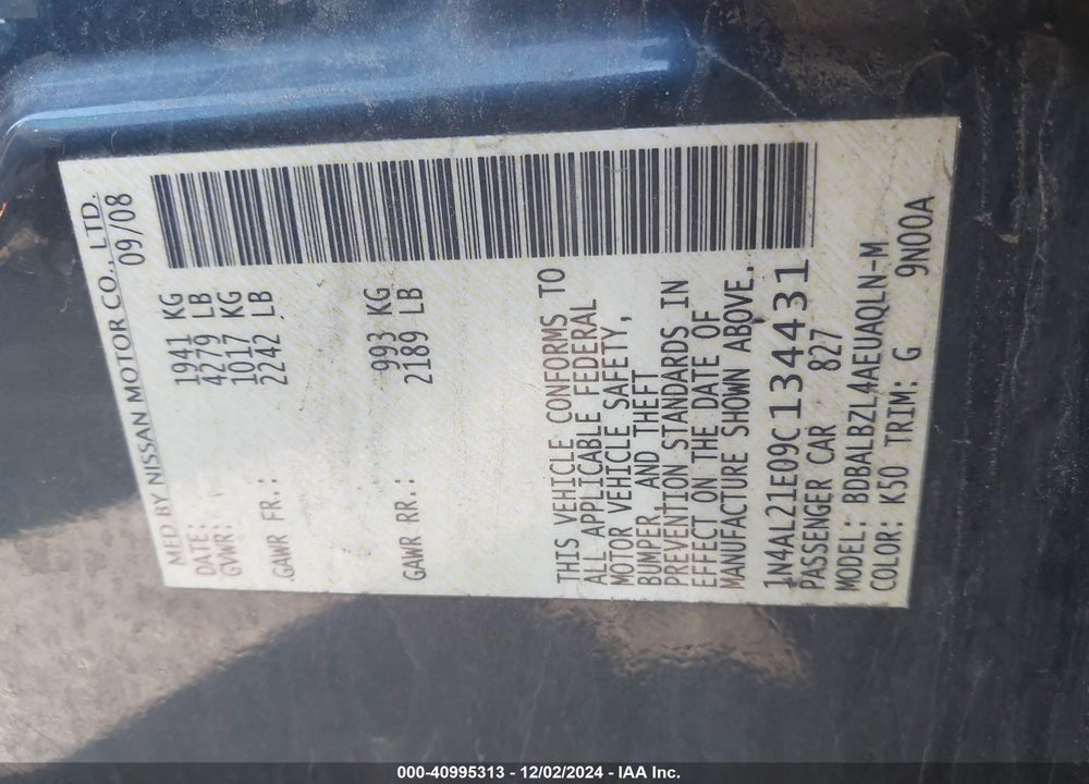 2009 NISSAN ALTIMA 2.5 S VIN: 1N4AL21E09C134431