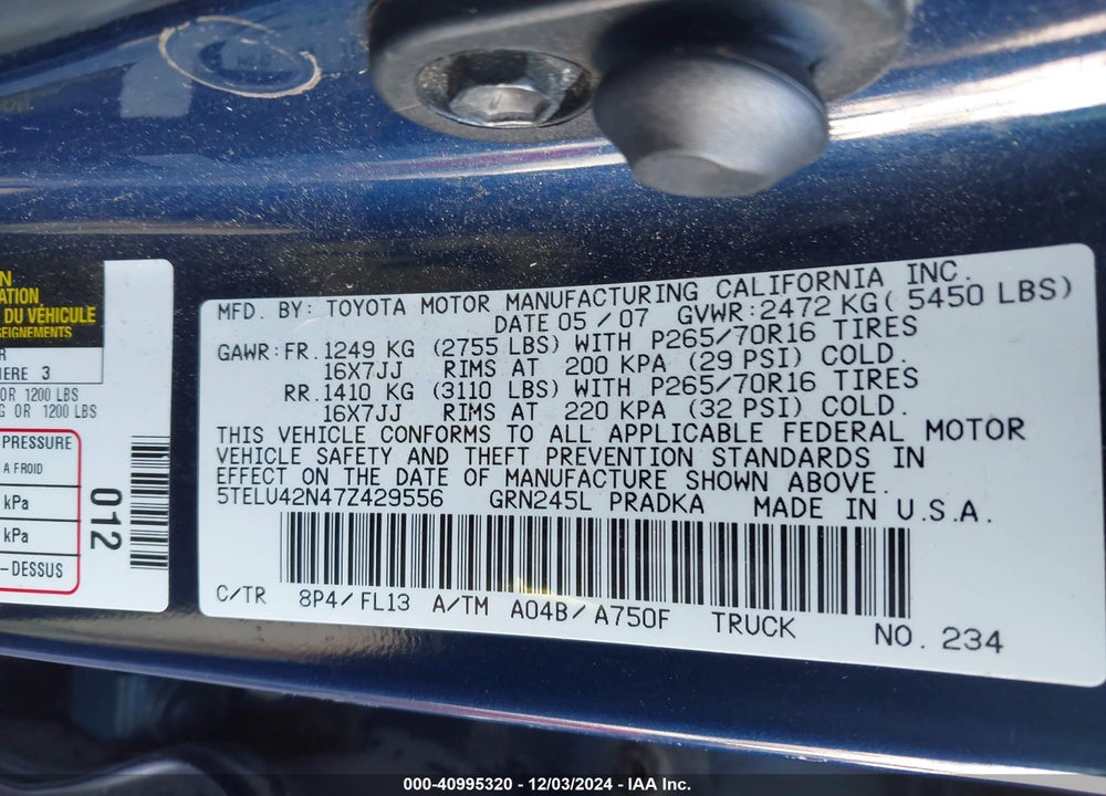 2007 TOYOTA TACOMA DOUBLE CAB VIN: 5TELU42N47Z429556