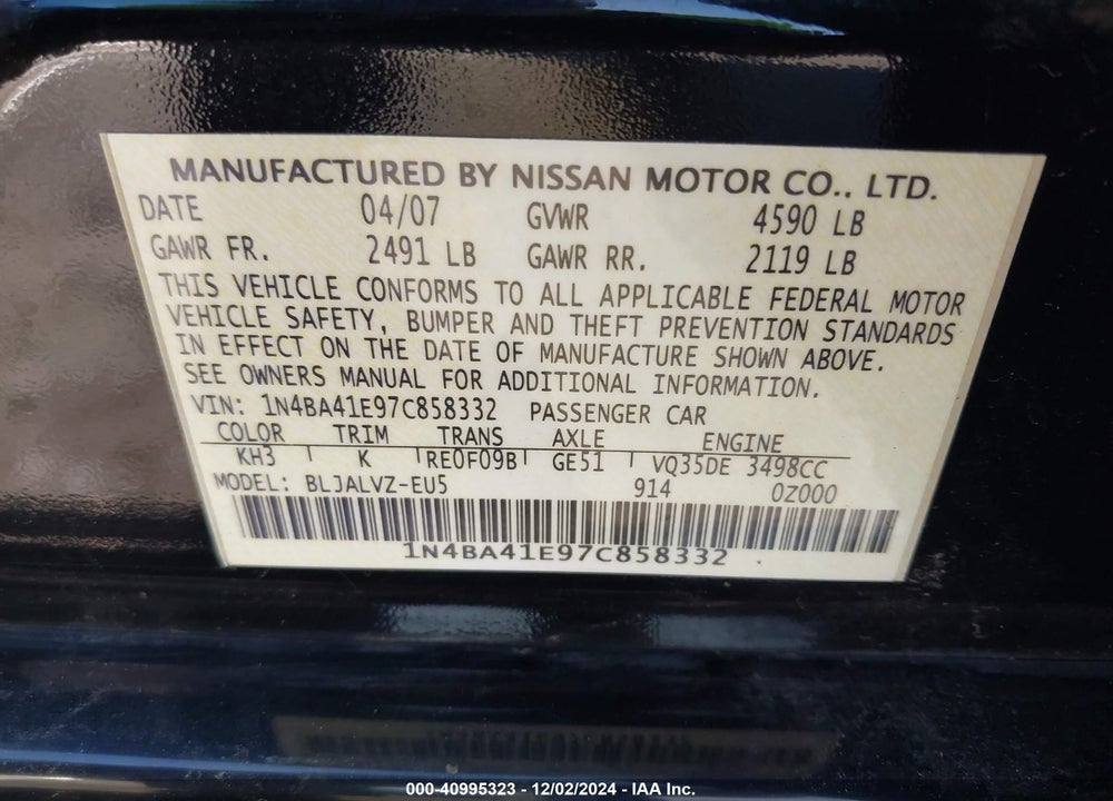 2007 NISSAN MAXIMA 3.5 SE VIN: 1N4BA41E97C858332