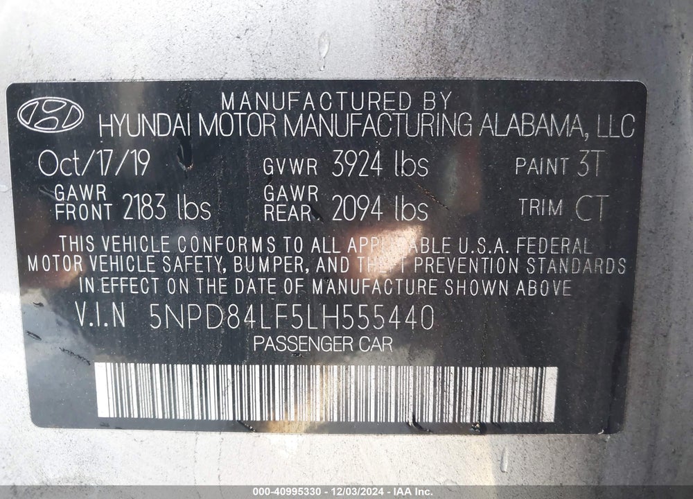 2020 HYUNDAI ELANTRA VIN: 5NPD84LF5LH555440