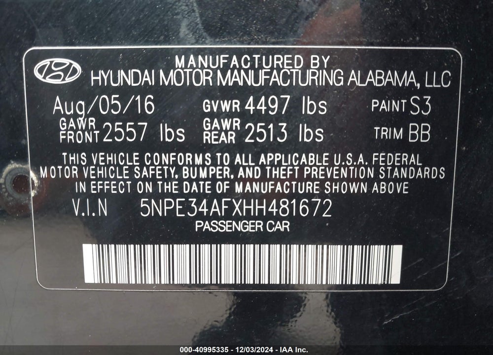 2017 HYUNDAI SONATA LIMITED VIN: 5NPE34AFXHH481672