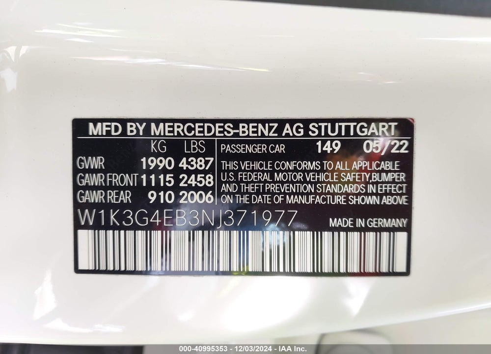 2022 MERCEDES-BENZ A 220 VIN: W1K3G4EB3NJ371977