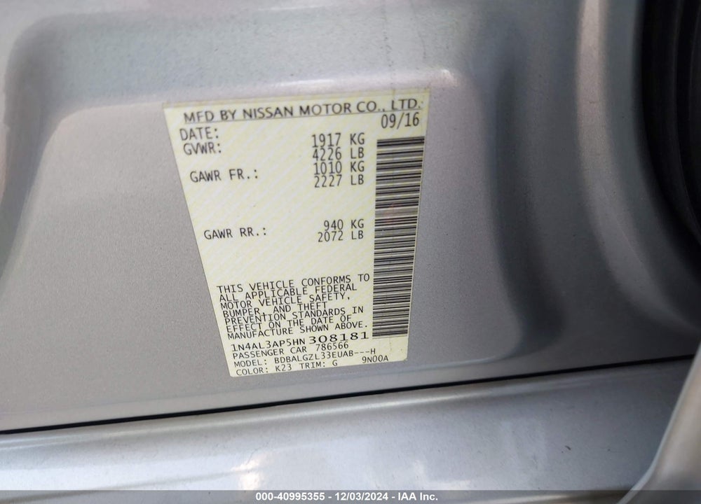 2017 NISSAN ALTIMA 2.5 S VIN: 1N4AL3AP5HN308181