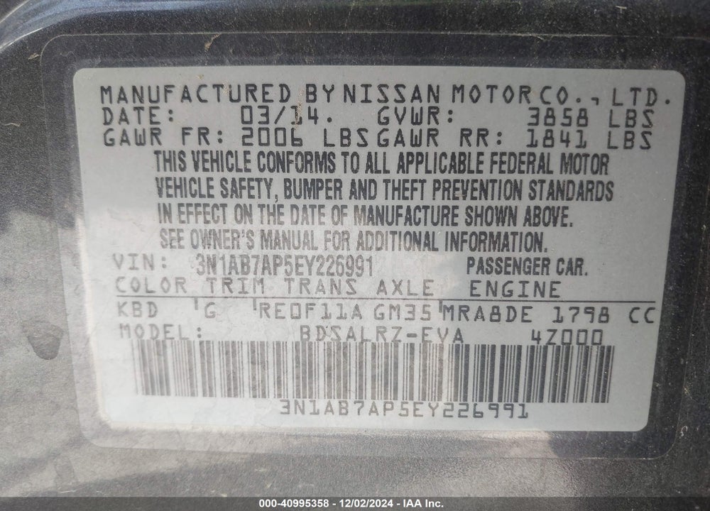 2014 NISSAN SENTRA SR VIN: 3N1AB7AP5EY226991