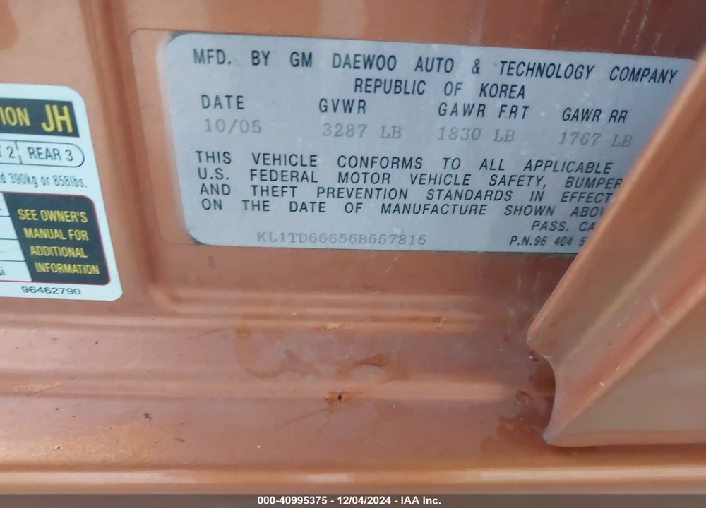2006 CHEVROLET AVEO LS VIN: KL1TD66656B557815
