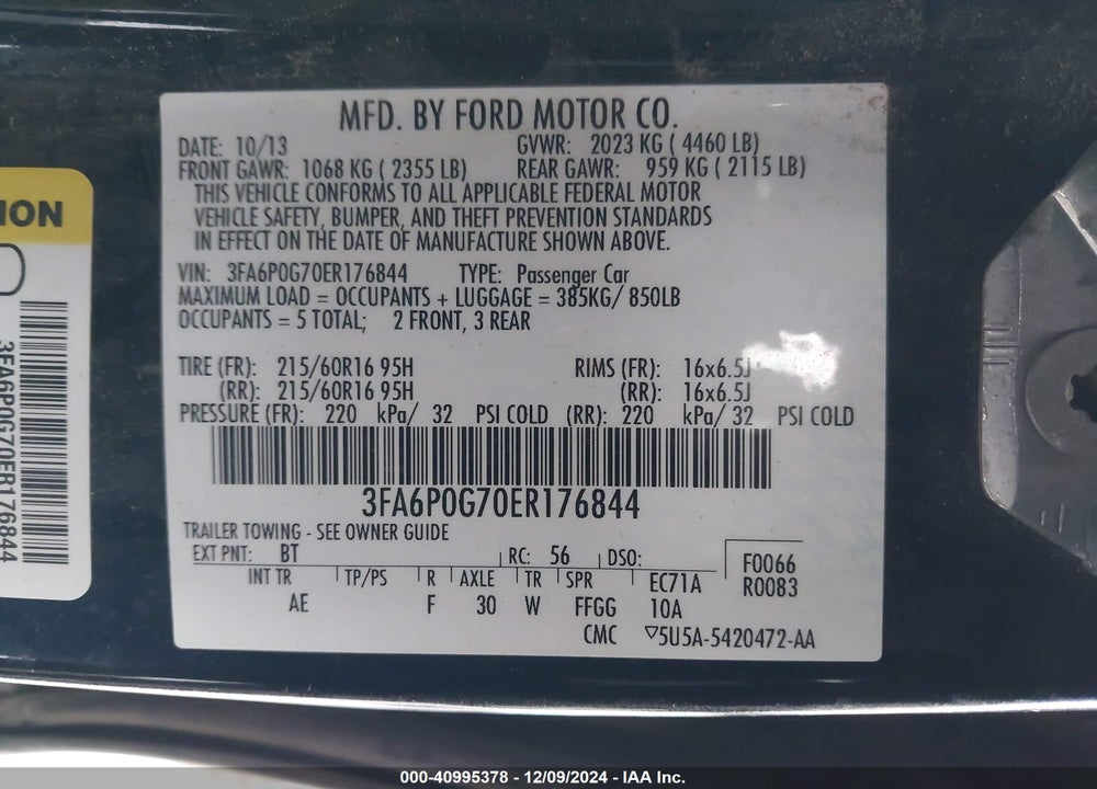 2014 FORD FUSION S VIN: 3FA6P0G70ER176844