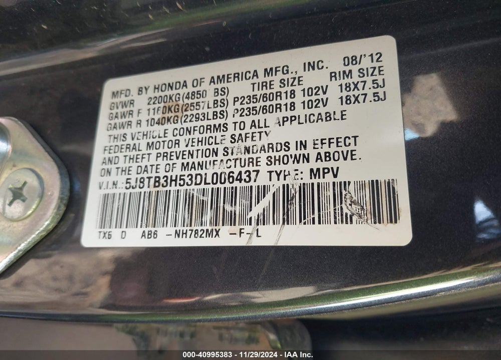 2013 ACURA RDX VIN: 5J8TB3H53DL006437