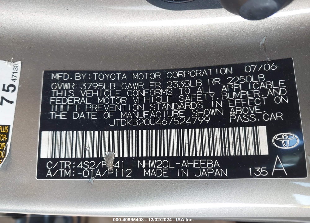 2006 TOYOTA PRIUS VIN: JTDKB20U467524799