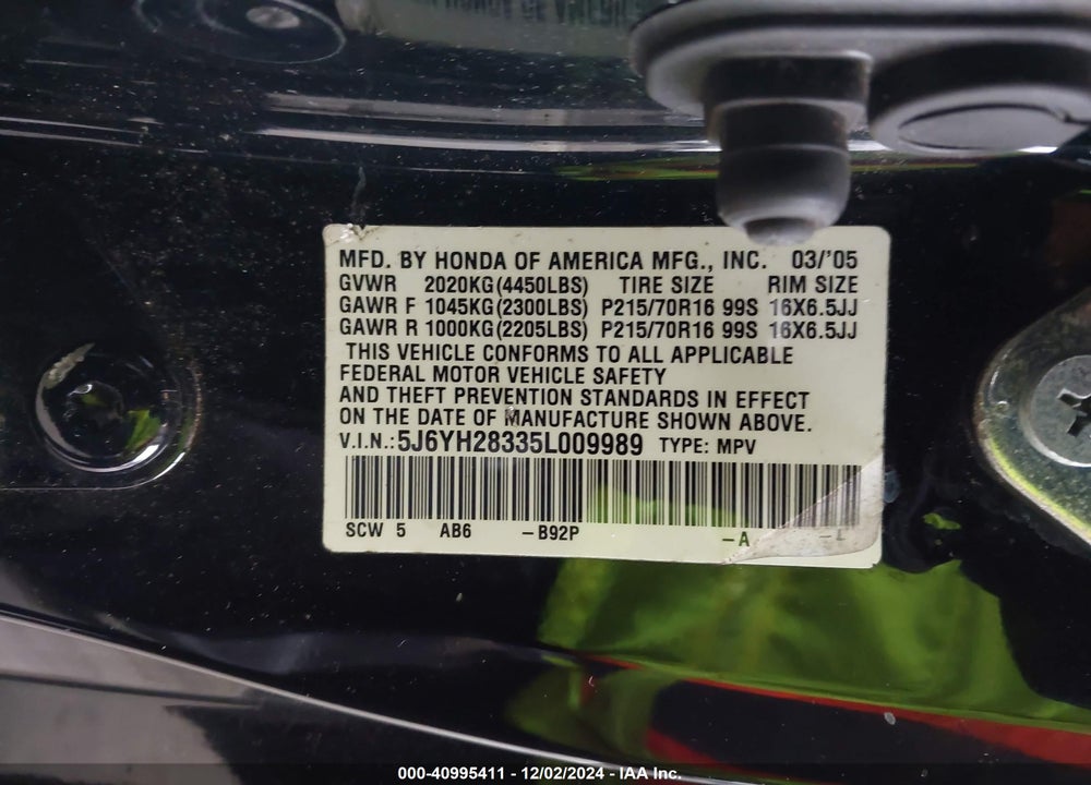 2005 HONDA ELEMENT LX VIN: 5J6YH28335L009989
