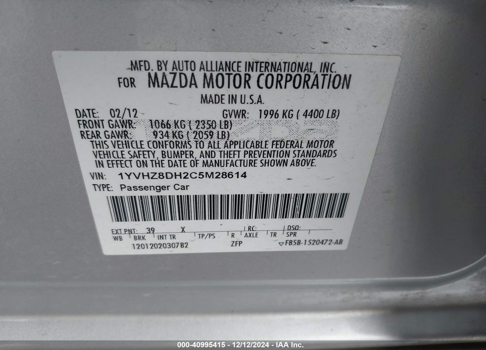 2012 MAZDA MAZDA 6 VIN: 1YVHZ8DH2C5M28614