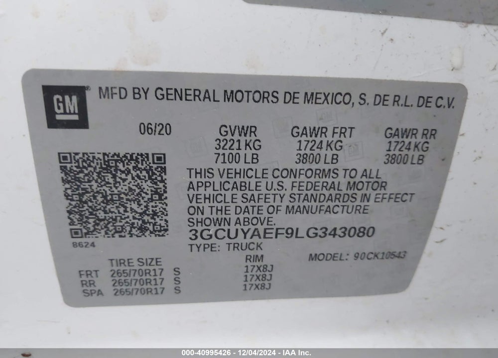 2020 CHEVROLET SILVERADO 1500 VIN: 3GCUYAEF9LG343080