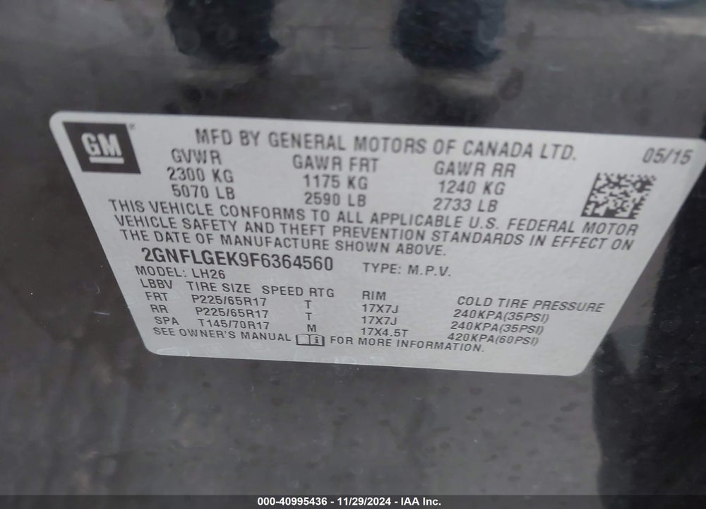2015 CHEVROLET EQUINOX 2LT VIN: 2GNFLGEK9F6364560