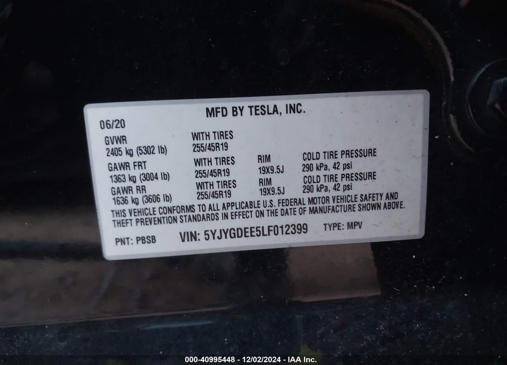 2020 TESLA MODEL Y LONG RANGE DUAL MOTOR ALL-WHEEL DRIVE VIN: 5YJYGDEE5LF012399