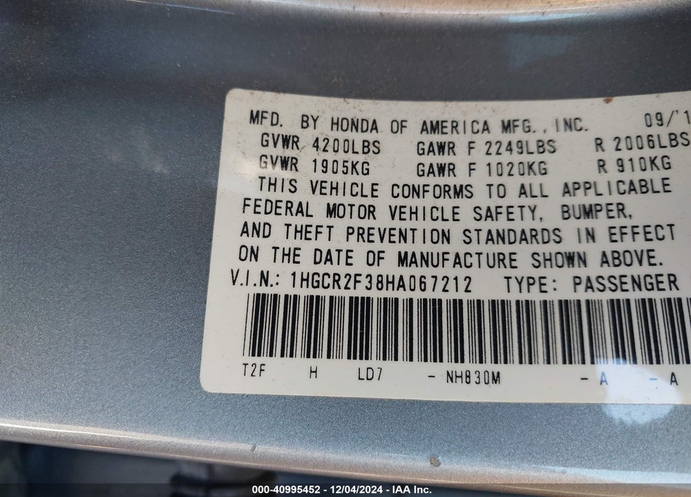 2017 HONDA ACCORD LX VIN: 1HGCR2F38HA067212