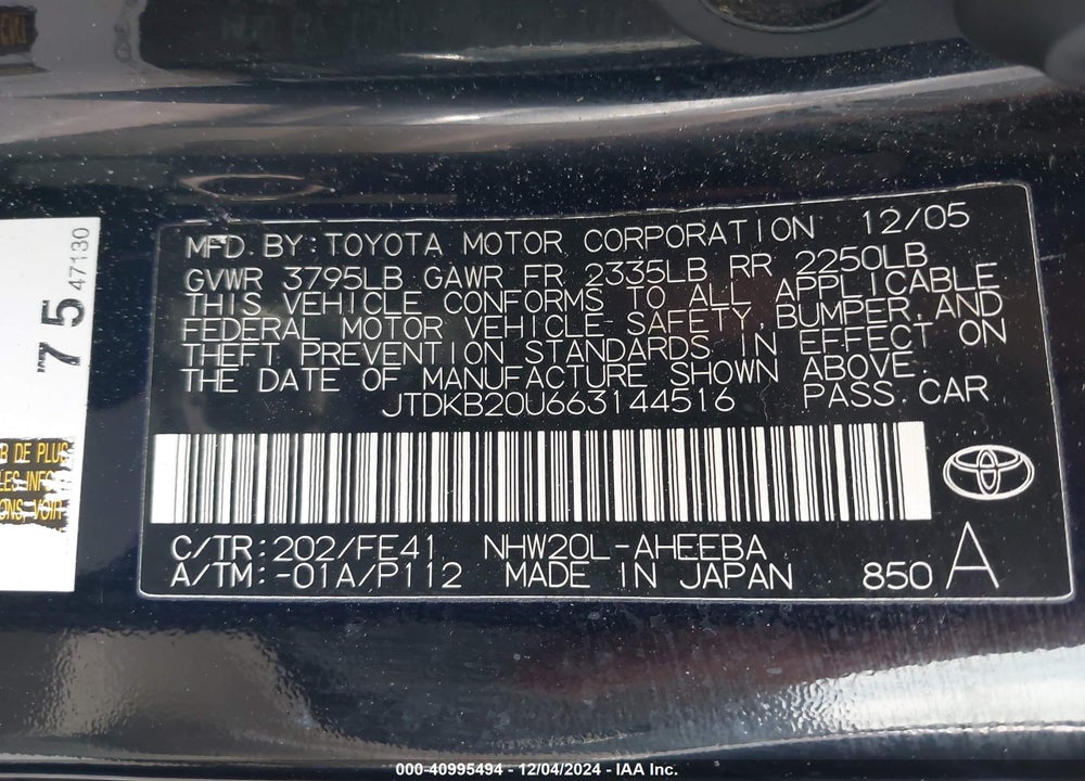 2006 TOYOTA PRIUS VIN: JTDKB20U663144516