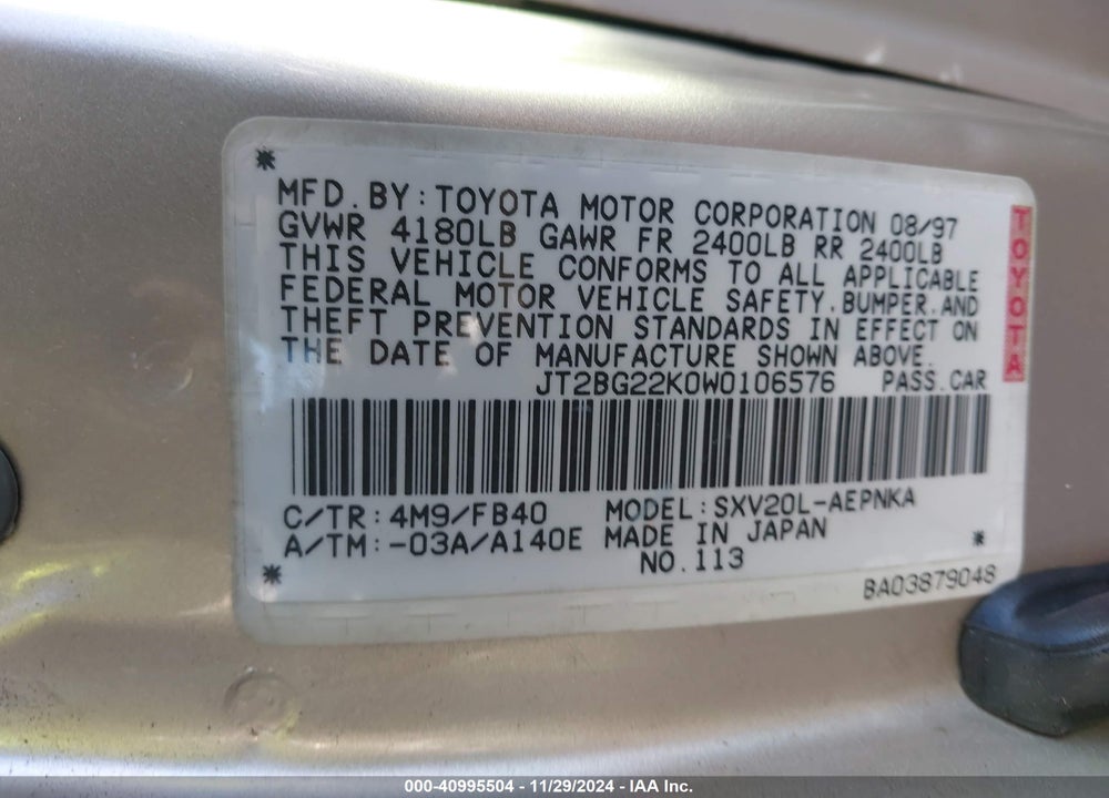 1998 TOYOTA CAMRY LE VIN: JT2BG22K0W0106576
