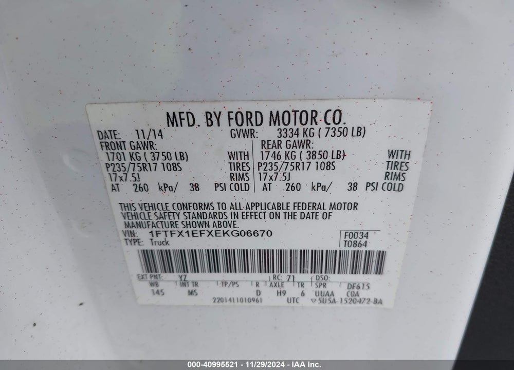 2014 FORD F-150 XLT VIN: 1FTFX1EFXEKG06670