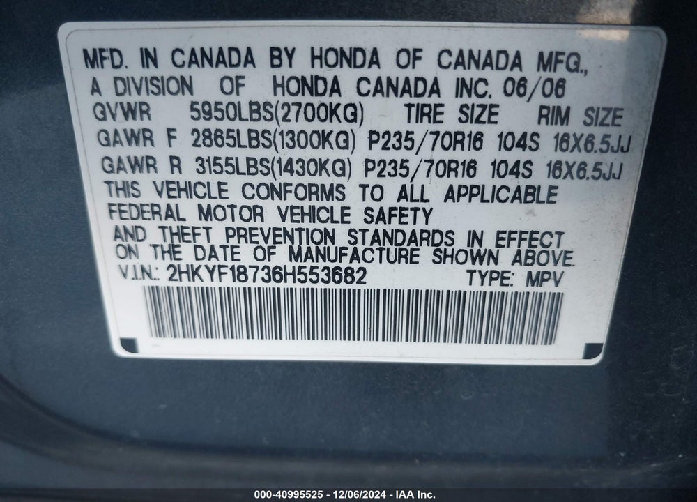2006 HONDA PILOT EX-L VIN: 2HKYF18736H553682