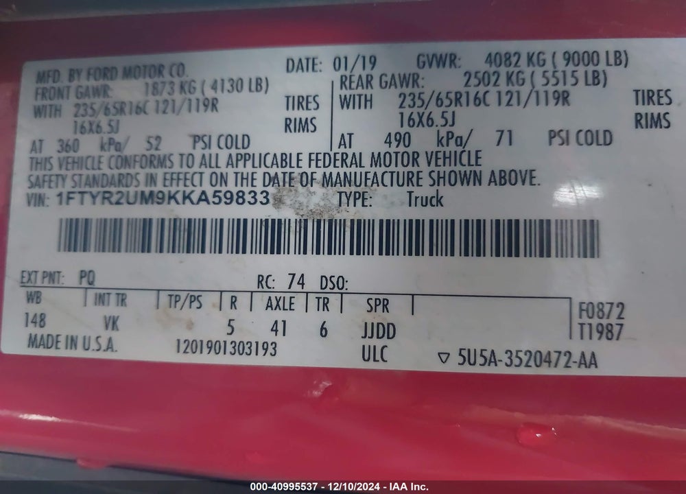 2019 FORD TRANSIT-250 VIN: 1FTYR2UM9KKA59833