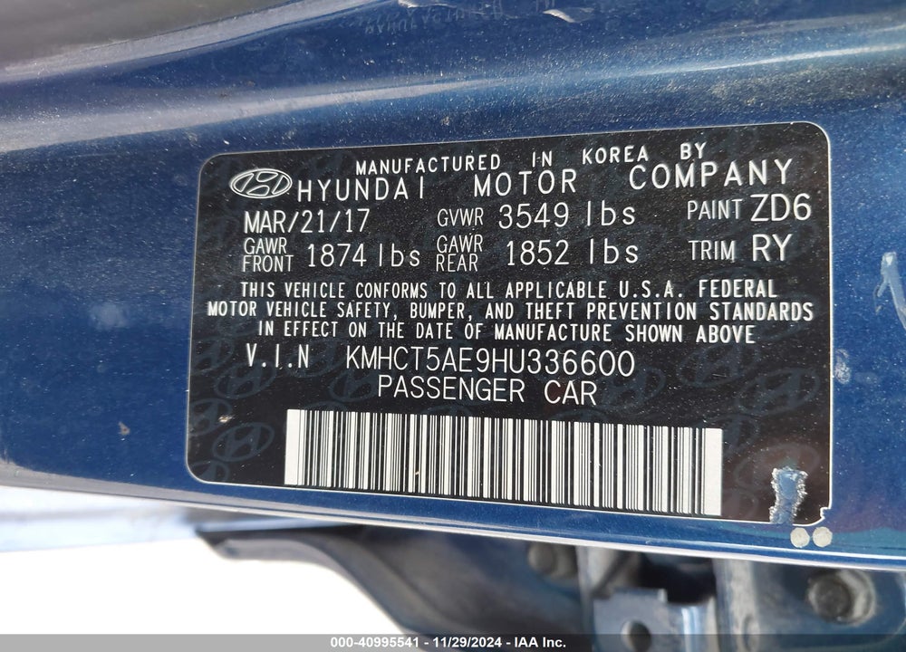 2017 HYUNDAI ACCENT SE VIN: KMHCT5AE9HU336600