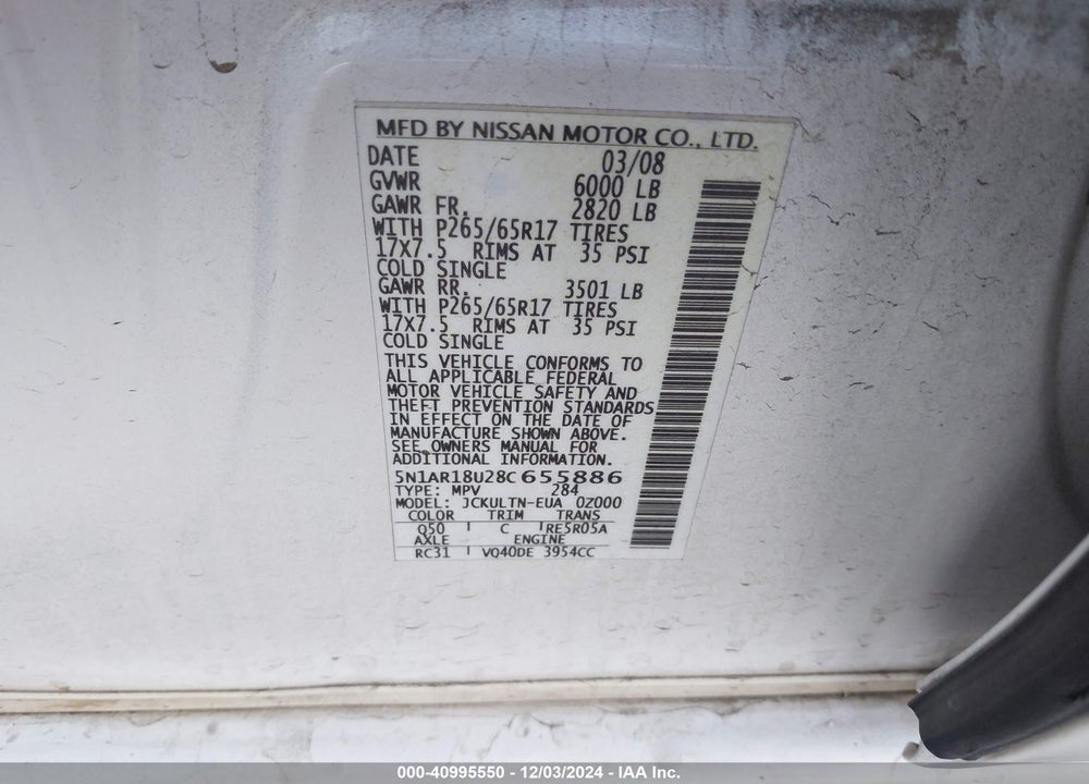 2008 NISSAN PATHFINDER SE VIN: 5N1AR18U28C655886
