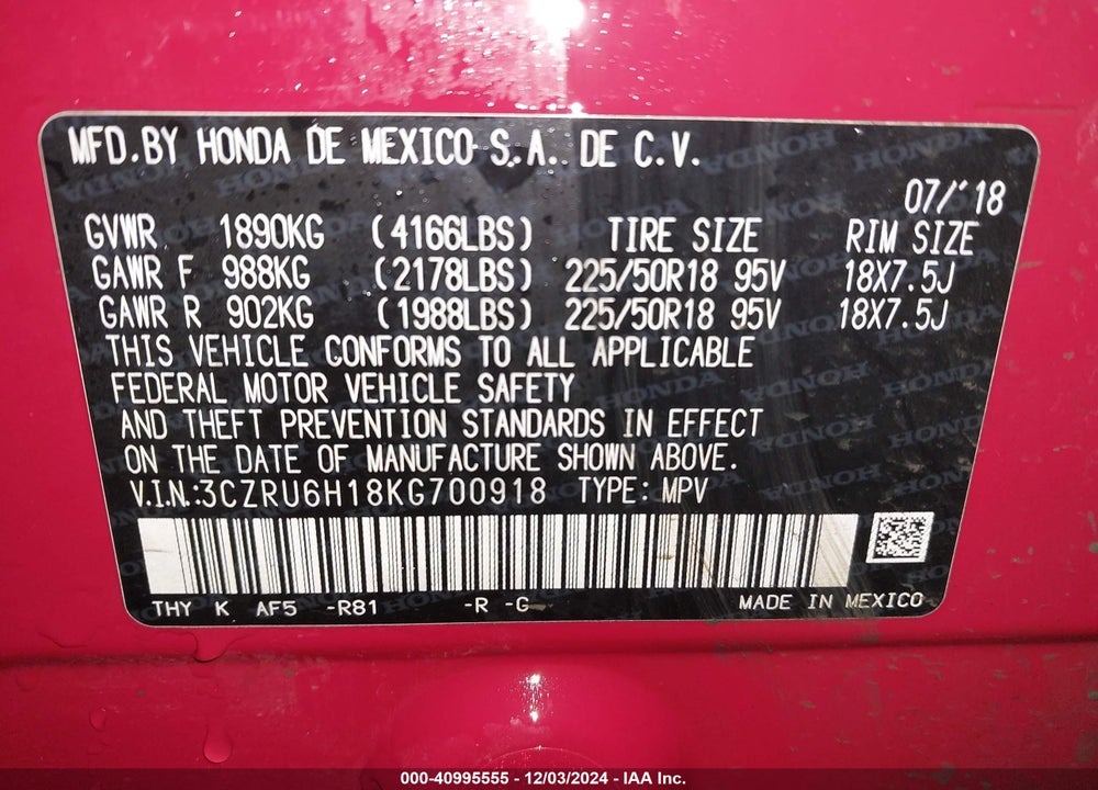 2019 HONDA HR-V SPORT VIN: 3CZRU6H18KG700918