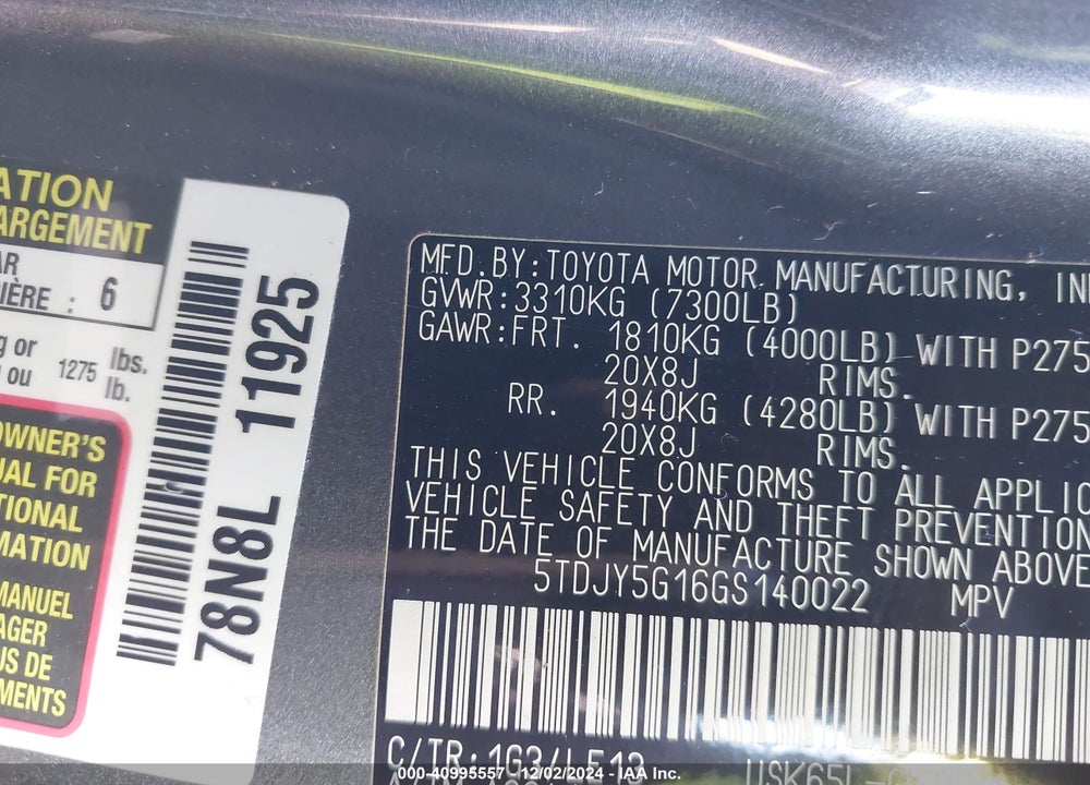 2016 TOYOTA SEQUOIA LIMITED 5.7L V8 VIN: 5TDJY5G16GS140022