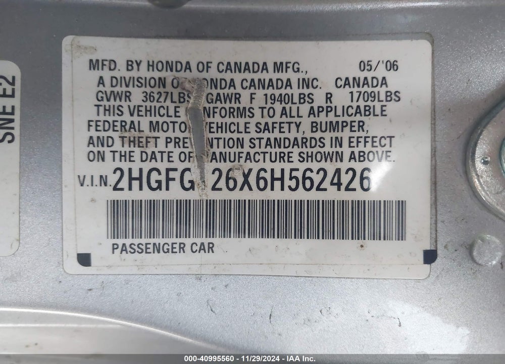 2006 HONDA CIVIC LX VIN: 2HGFG126X6H562426