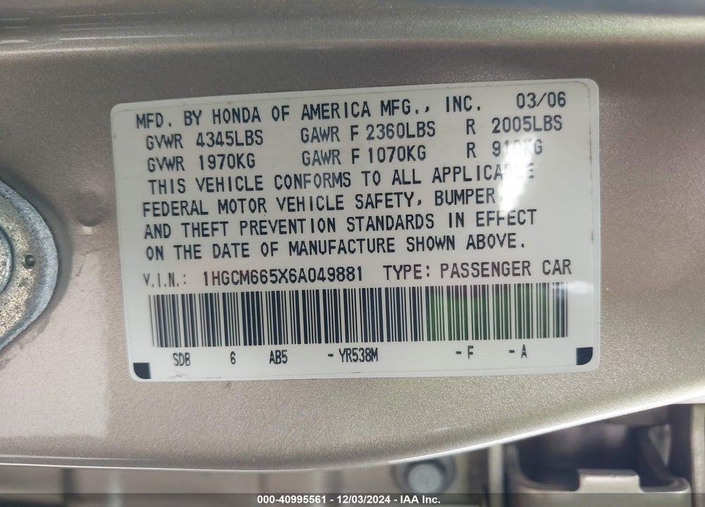2006 HONDA ACCORD 3.0 EX VIN: 1HGCM665X6A049881