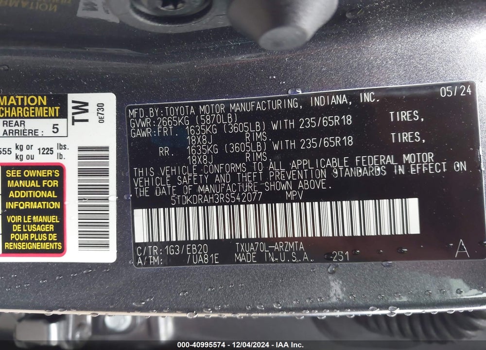 2024 TOYOTA HIGHLANDER XLE VIN: 5TDKDRAH3RS542077