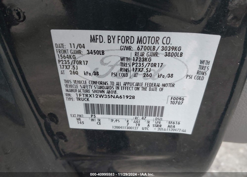 2005 FORD F-150 STX/XL/XLT VIN: 1FTRX12W35NA61928