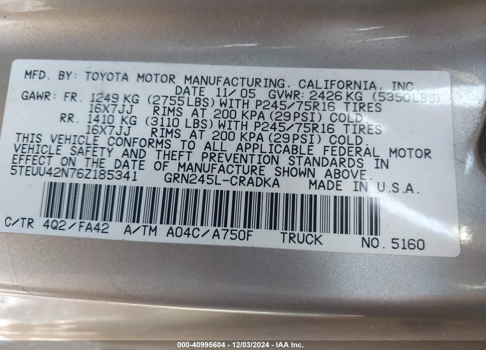 2006 TOYOTA TACOMA BASE V6 VIN: 5TEUU42N76Z185341