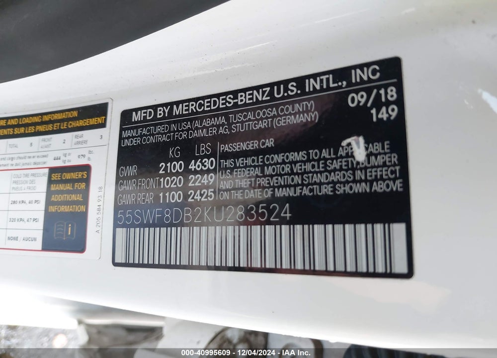 2019 MERCEDES-BENZ C VIN: 55SWF8DB2KU283524