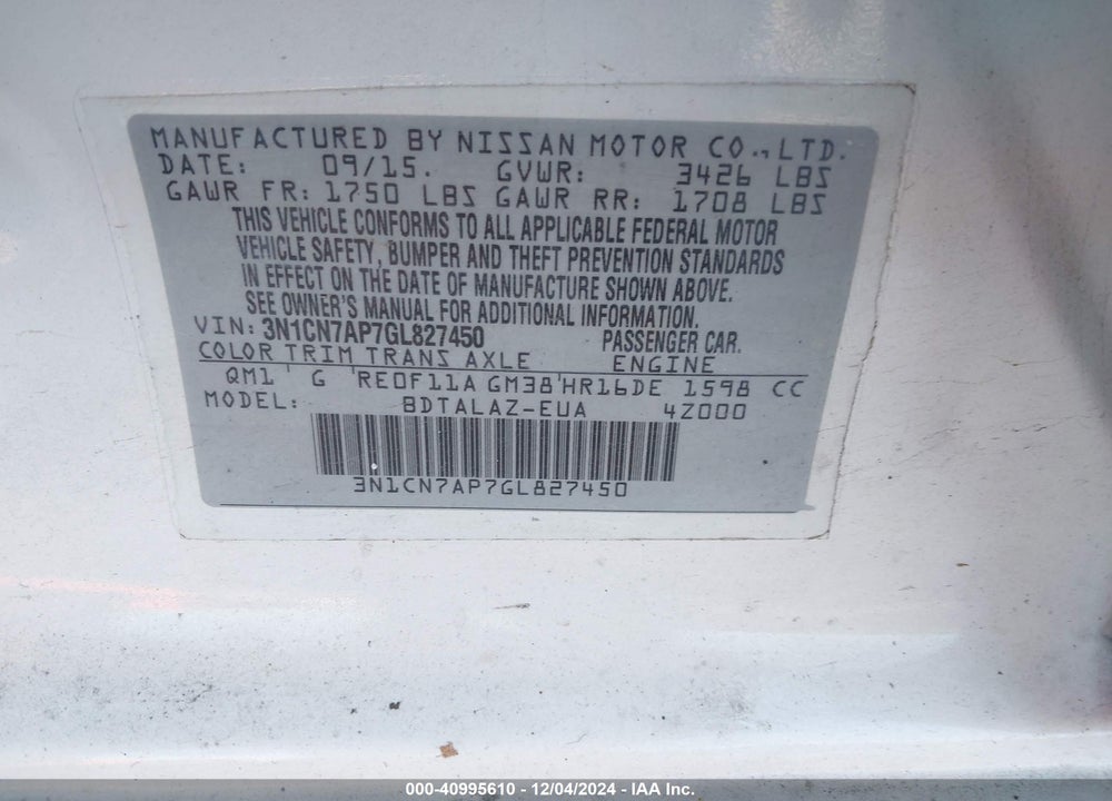 2016 NISSAN VERSA VIN: 3N1CN7AP7GL827450
