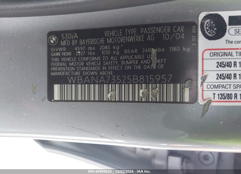 2005 BMW 530I VIN: WBANA73525B815957