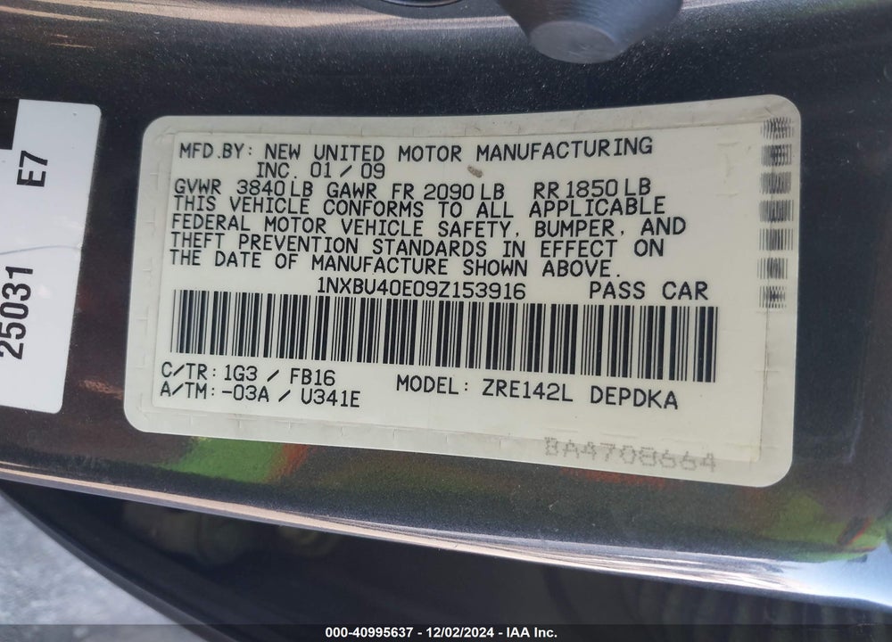 2009 TOYOTA COROLLA LE VIN: 1NXBU40E09Z153916